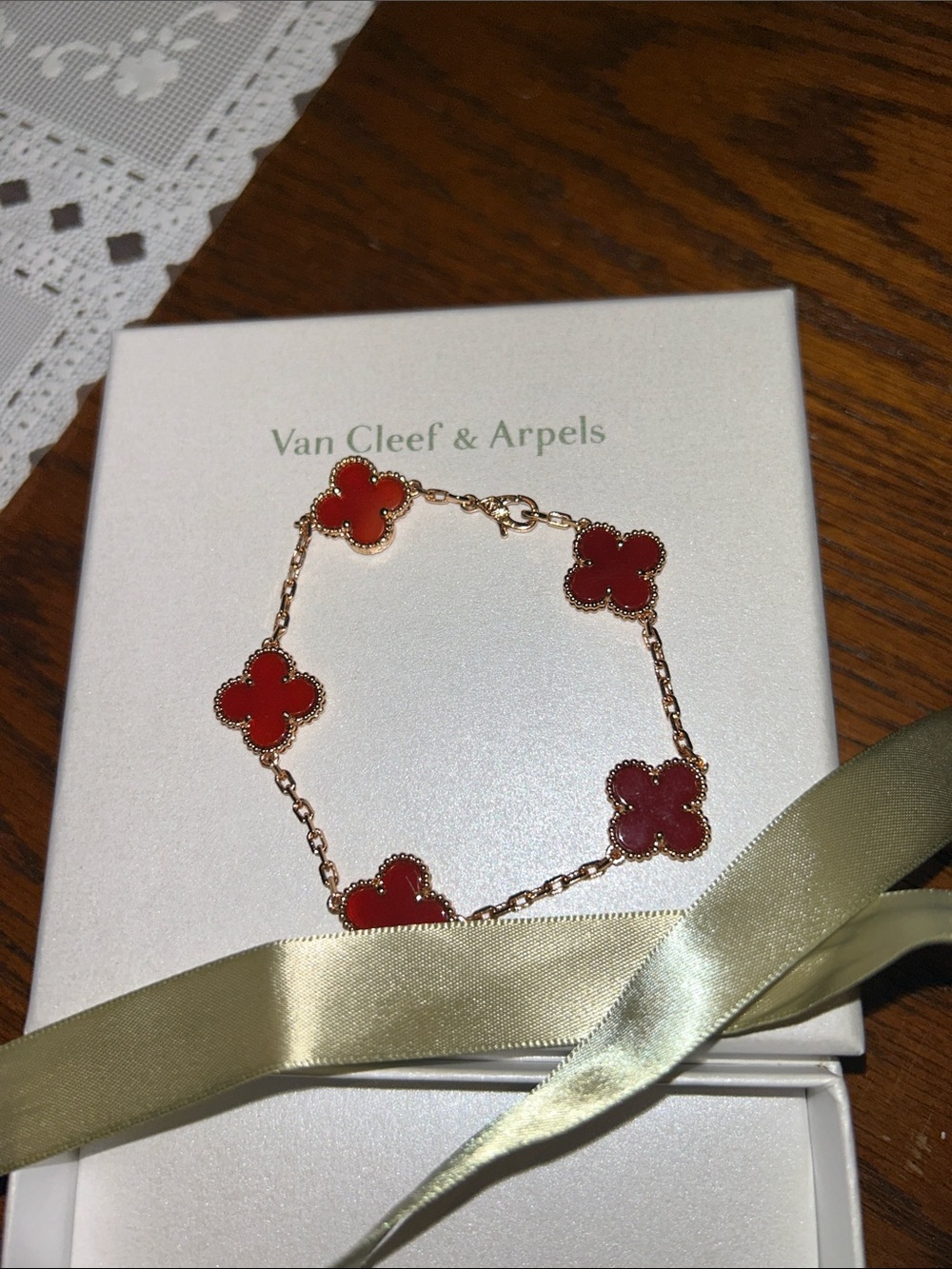 Van Cleef & Arpels Red Alhambra Motif Bracelet in Rose Gold Tone